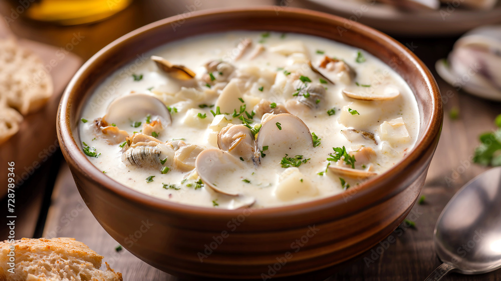 clam chowder soup with clams, cream and parsley clam chowder soup with clams, cream and parsley