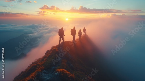 A small group of hikers reach the peak of a mist-covered mountain at dawn against the backdrop of a breathtaking panorama.