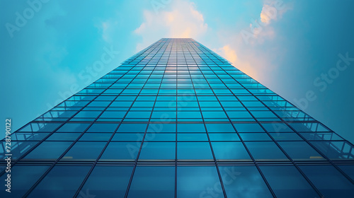 Bottom up view of a glass skyscraper on blue sky background. Urban architecture concept