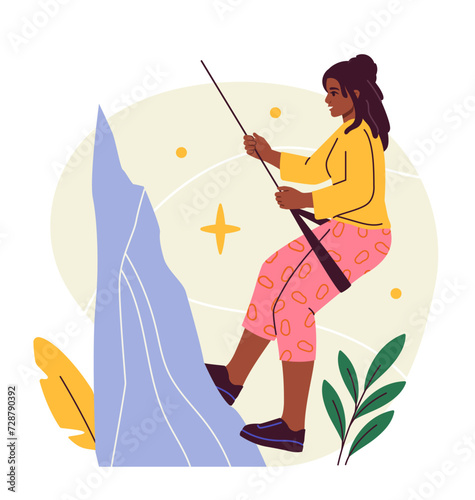 Person achieve goals concept. Woman climb at top of mountain. Motivation and success, leadership. Graphic element for website. Cartoon flat vector illustration isolated on white background