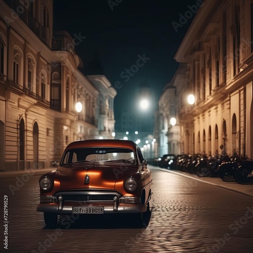 A fictional retro car from the 1950s on a city street. Illustration by Generative AI.