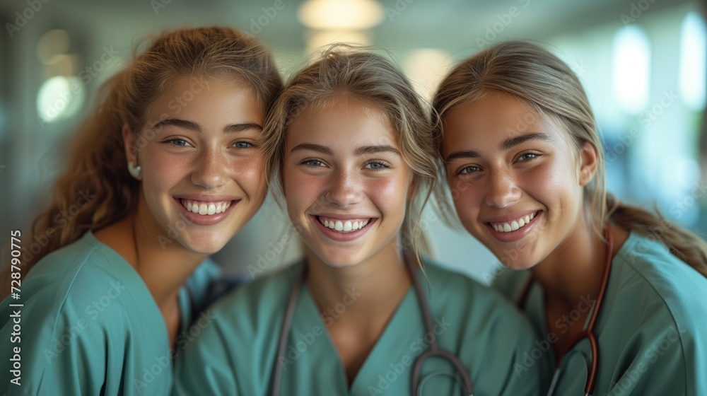 Three smiling nurses, colors in light green and cadetblue, high contrast, professional color grading, soft shadows, clean sharp focus, film photography Three smiling nurses, colors in light green and cadetblue, high contrast, professional color grading, soft shadows, clean sharp focus, film photography