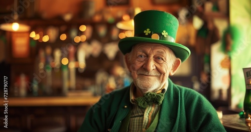 Portrait of a senior man dressed as a green leprechaun, embodying the St. Patrick's Day concept, in Irish pub