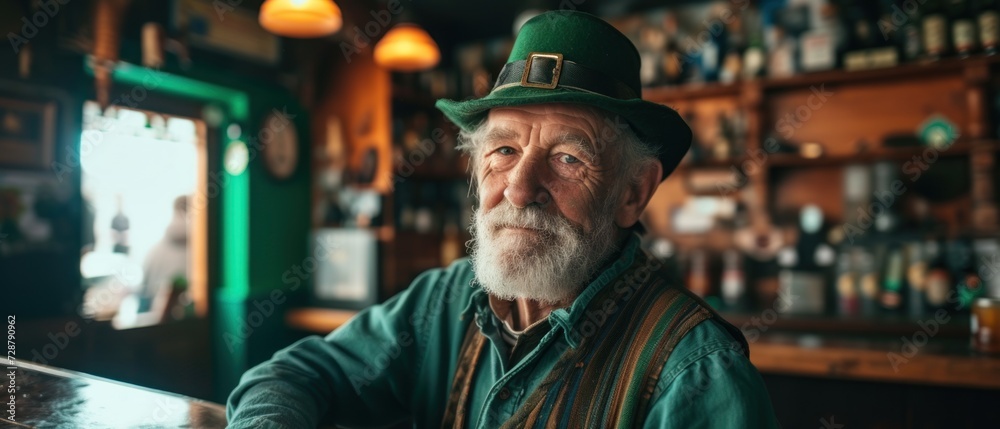 Portrait of a senior man dressed as a green leprechaun, embodying the St. Patrick's Day concept, in Irish pub Portrait of a senior man dressed as a green leprechaun, embodying the St. Patrick's Day concept, in Irish pub