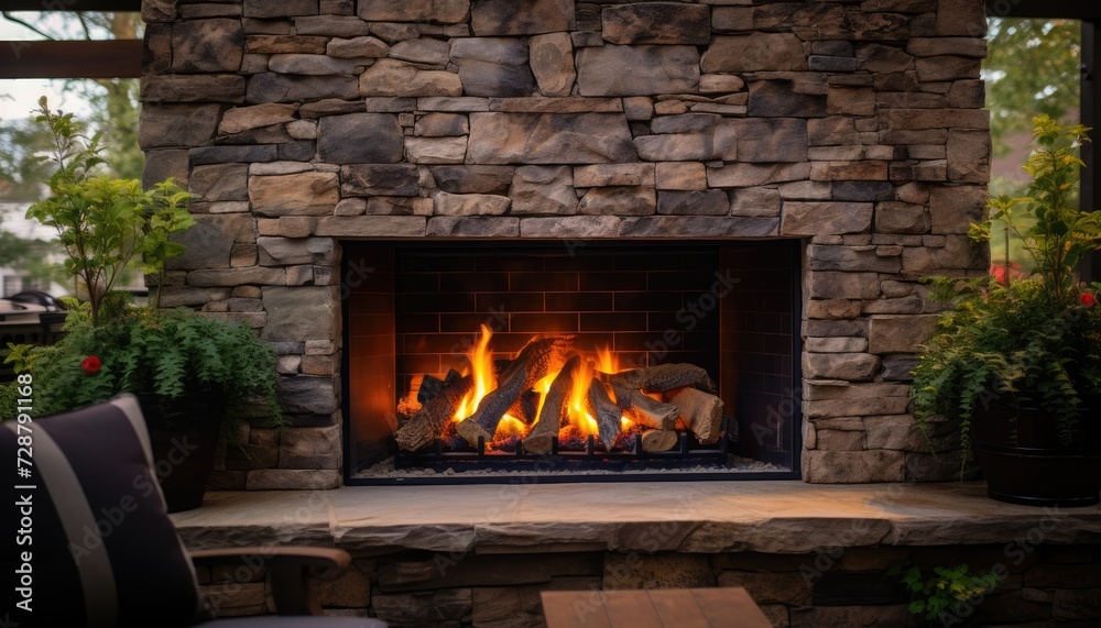 A Stone Fireplace With a Fire A Stone Fireplace With a Fire