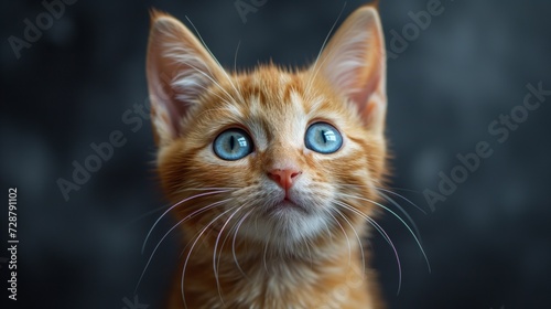 A small orange cute kitten with blue shiny eyes, Facing forward, sharp and focused expression, cinematic photography