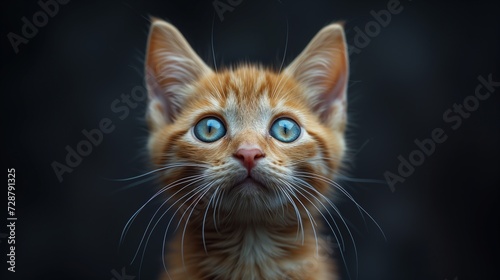 A small orange cute kitten with blue shiny eyes, Facing forward, sharp and focused expression, cinematic photography