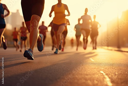 Dynamic Dawn Marathon: Athletes' Running Shoes in Focus at Sunrise