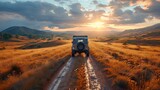 Off road adventure travel panoramic landscape mountain and car