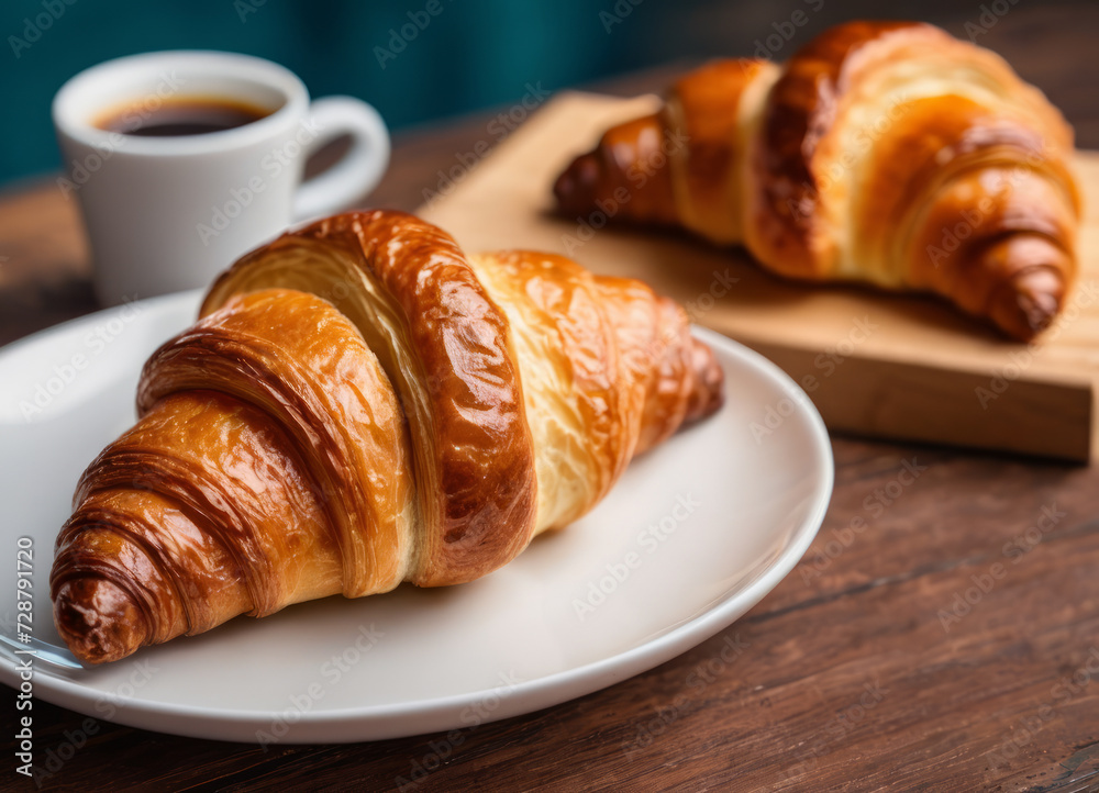 Morning breakfast. Croissant and coffee on the table