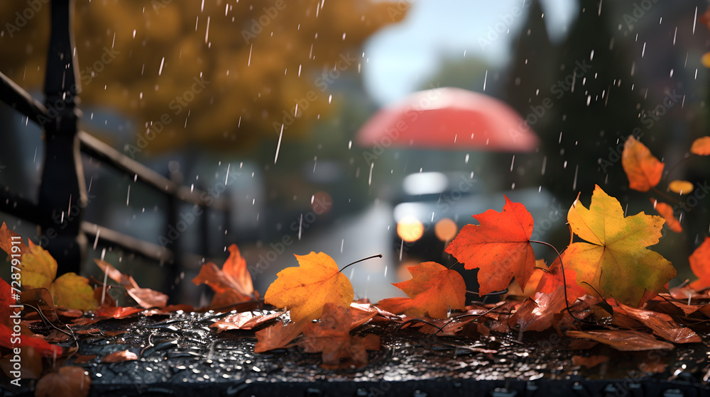 Fallen leaves stuck to the umbrella during the rain Autumn background,,

romantic rainy autumn background Free Photo

