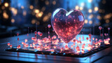 A glowing, transparent heart with intricate patterns floats above a digital grid, surrounded by light particles against a bokeh light background.Love concept.AI generated.