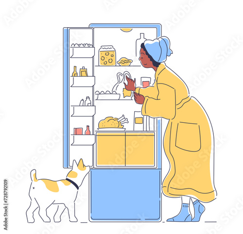 Person open refrigerator doodle. Woman take natural and organic products. Scene from kitchen. Daily routine and life. Simple flat vector illustration isolated on white background