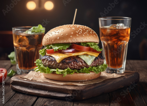 Delicious cheeseburger with fresh vegetables and juice on a dark background