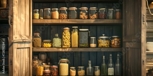 Cozy rustic pantry full of preserved foods in jars on wooden shelves. homestyle comfort, canning and food storage concepts. homemade preserves. AI
