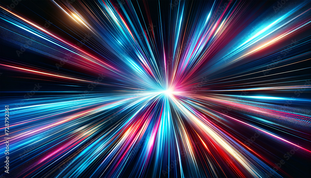 Dynamic image of light streaks zooming towards a bright white center, creating a sensation of high-speed movement in a digital abstract art style.Background concept. AI generated. Dynamic image of light streaks zooming towards a bright white center, creating a sensation of high-speed movement in a digital abstract art style.Background concept. AI generated.