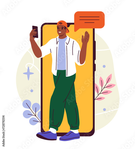 Person with smartphone doodle. Man standing with mobile phone. Young guy take selfie. Graphic element for website. Cartoon flat vector illustration isolated on white background