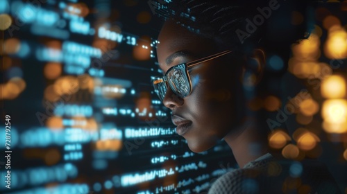 Futuristic software and hardware , coding hologram, serious concentrated attractive woman thinking about data analytics, digital technology. Programmer programming cybersecurity research and IT