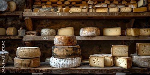 Assortment of artisan cheese on wooden shelves. a rustic style gourmet selection. ideal for food connoisseurs. AI