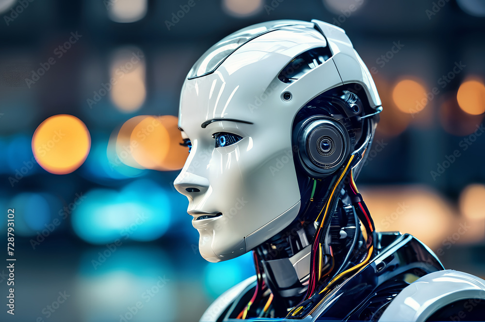 Humanoid robot, android, face, close-up, in profile, on abstract background. Humanoid robot, android, face, close-up, in profile, on abstract background.