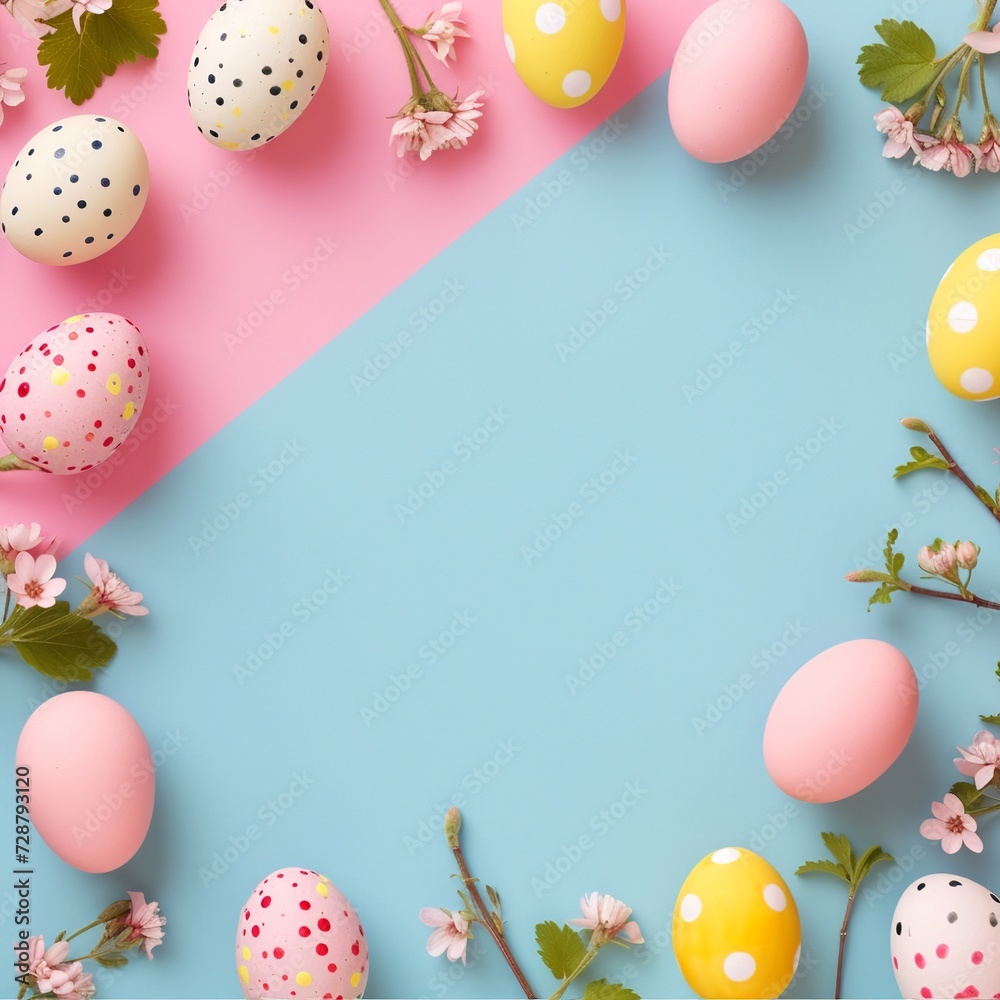 Pastel Easter Eggs with Floral Accents on Dual Pink and Blue Background
