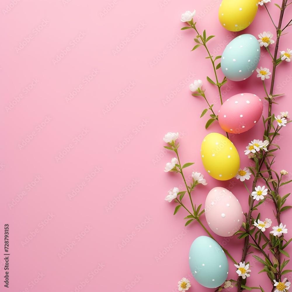 Soft Pastel Easter Eggs Adorned with Blossoms on Pink Background