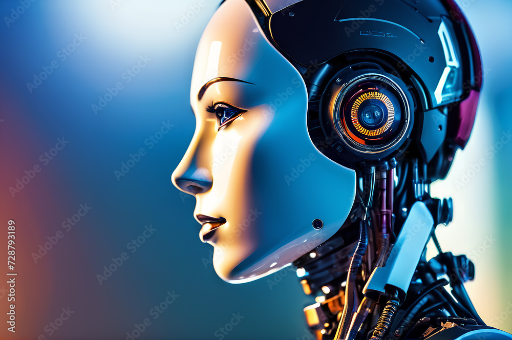 Humanoid robot, android, face, close-up, in profile, on abstract background. Humanoid robot, android, face, close-up, in profile, on abstract background.