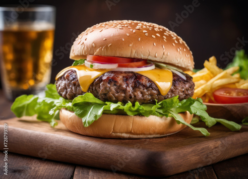 Delicious cheeseburger with fresh vegetables and juice on a dark background