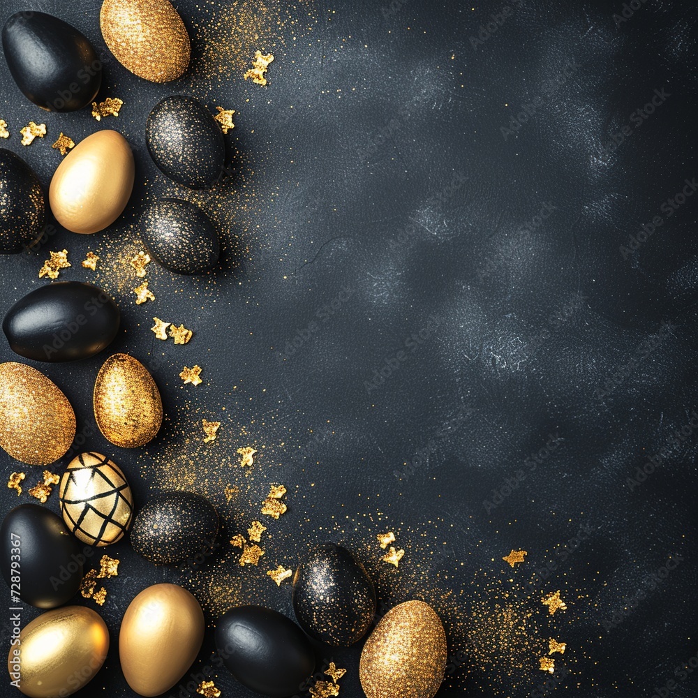 Luxurious Black and Gold Easter Eggs on a Dark Textured Background