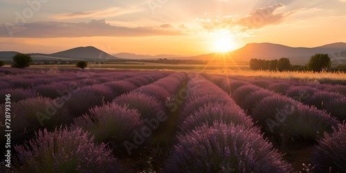 Breathtaking lavender field at sunset, nature's beauty unveiled. serene landscape, perfect for wall art and calendars. AI