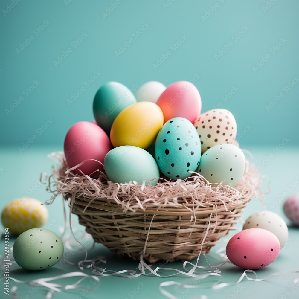 Vibrant Easter Egg Assortment in a Nest with Pastel Background Vibrant Easter Egg Assortment in a Nest with Pastel Background