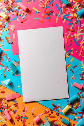 Vibrant colorful birthday minimalistic mockup with blank white empty paper board frame billboard sign with balloons for advertising, space for text message, party celebration invitation concept
