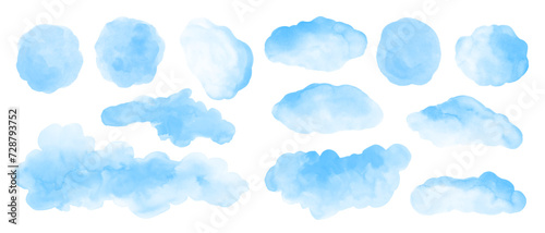 Blue watercolor background. Set of watercolor stains , blots, clouds , washes for design.
