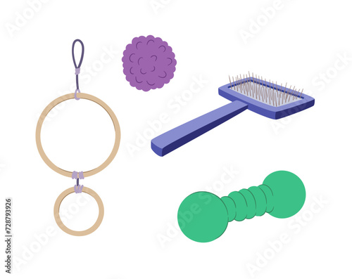 Pets goods set. Items from veterinary shop. Ball with comb. Pack for care about domestic animals. Graphic element for website. Cartoon flat vector collection isolated on white background
