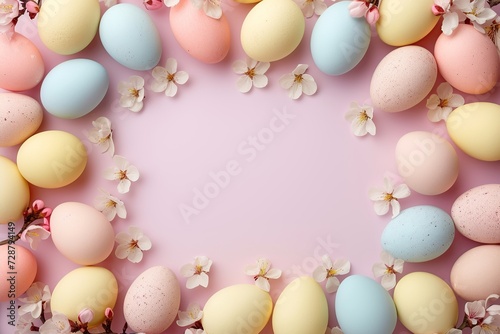 Pastel Easter Eggs with Cherry Blossoms on Pink Background for Festive Springtime