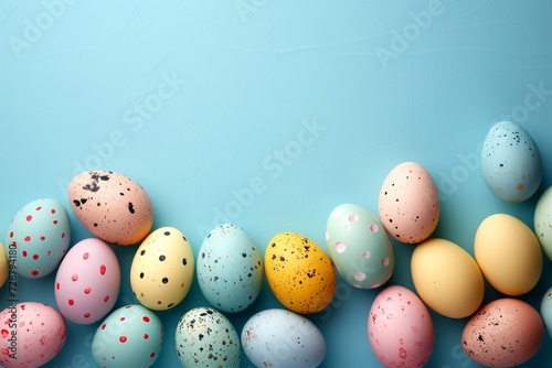 Easter Eggs with Polka Dots and Speckles on a Cool Blue Background for Holiday Decor