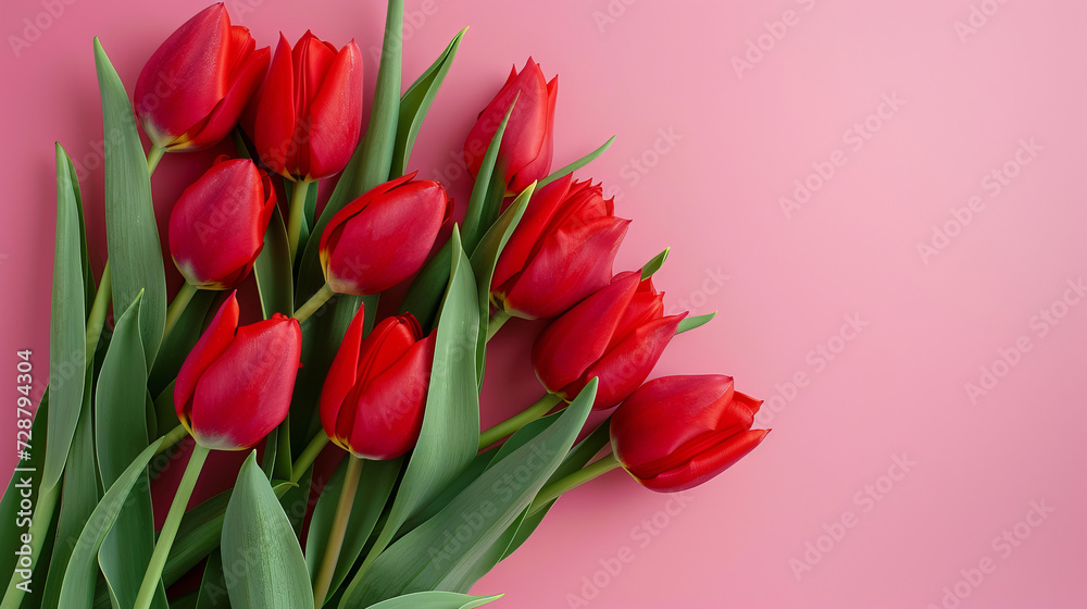 Fresh red tulips on pink background, spring and holidays concept, top view, copy space Fresh red tulips on pink background, spring and holidays concept, top view, copy space