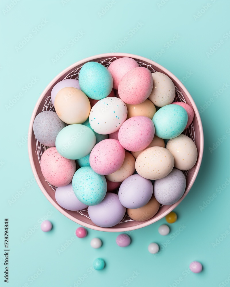 Colorful Easter Eggs with Speckled Patterns in a Pink Basket on a Pastel Background