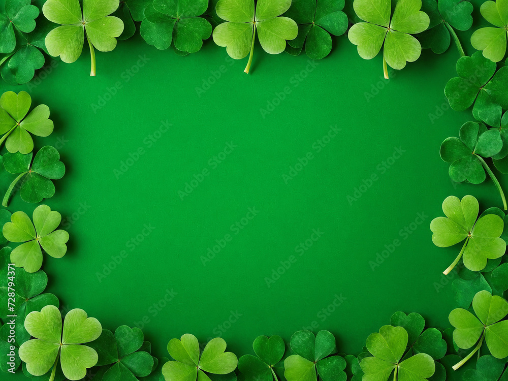 Green Saint Patrick’s Day background with clovers and shamrock, copy space, white space, Saint Patrick’s Day template with copy space, design, pattern, model Green Saint Patrick’s Day background with clovers and shamrock, copy space, white space, Saint Patrick’s Day template with copy space, design, pattern, model