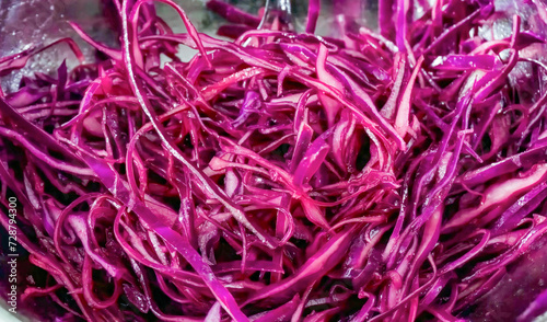 Healthy fresh meal cooking, red cabbage in bowl. Homemade cooking vegetables for restaurant, menu, advert or package, close up, selective focus.