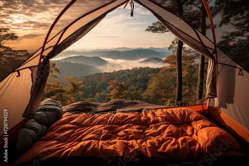 View of Smoky Mountains from camping inside a tent 