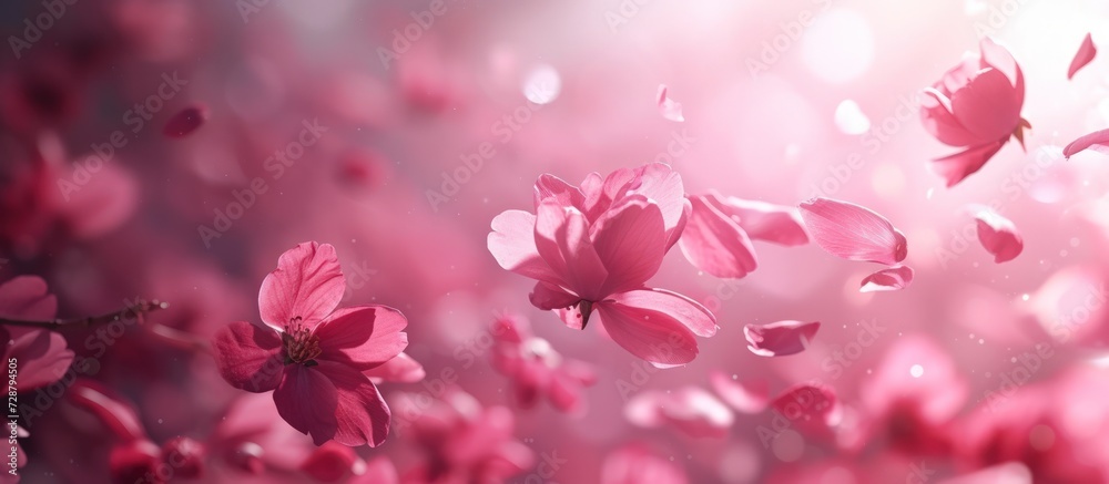 Fototapeta premium Close up flying in the air of pink petals on blur natural background. AI generated image