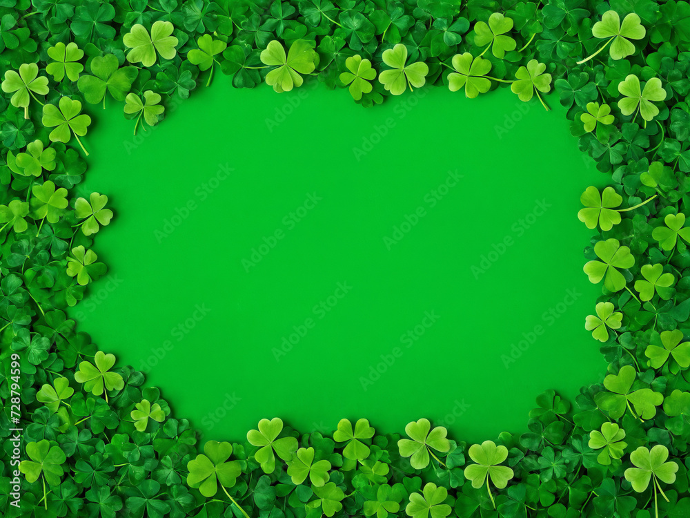 Green Saint Patrick’s Day background with clovers and shamrock, copy space, white space, Saint Patrick’s Day template with copy space, design, pattern, model Green Saint Patrick’s Day background with clovers and shamrock, copy space, white space, Saint Patrick’s Day template with copy space, design, pattern, model