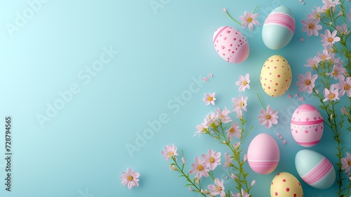 Colorful Easter Eggs with Floral Accents on a Blue Background with Copy Space