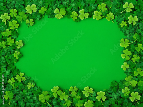 Green Saint Patrick’s Day background with clovers and shamrock, copy space, white space, Saint Patrick’s Day template with copy space, design, pattern, model