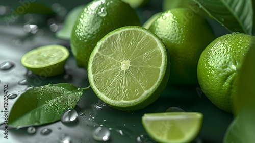 Fresh limes with water droplets on a dark surface. citrus fruit photo for health and nutrition. natural ingredients and cooking. AI