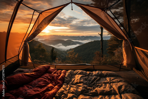 View of Smoky Mountains from camping inside a tent at sunrise or sunset