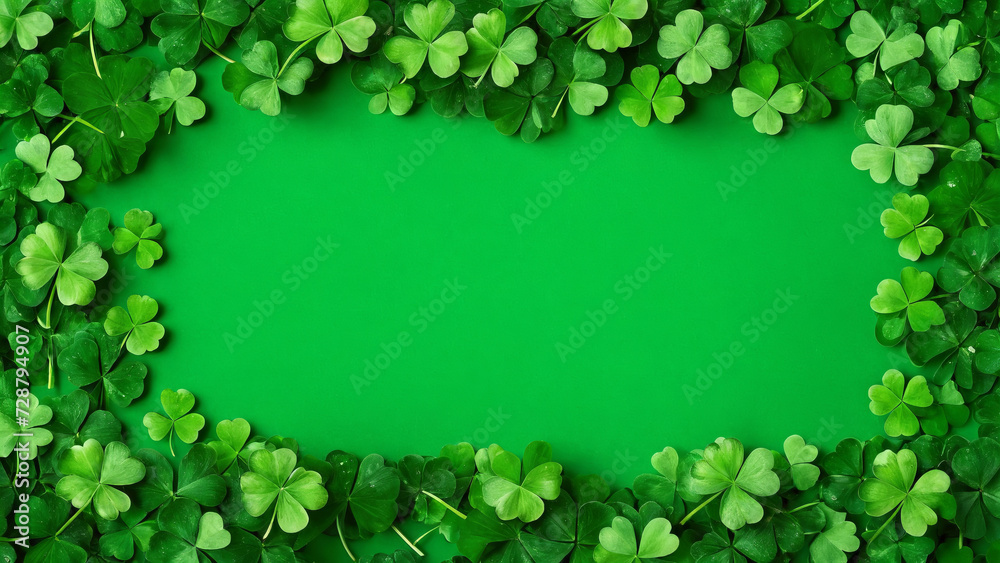 Green Saint Patrick’s Day background with clovers and shamrock, copy space, white space, Saint Patrick’s Day template with copy space, design, pattern, model Green Saint Patrick’s Day background with clovers and shamrock, copy space, white space, Saint Patrick’s Day template with copy space, design, pattern, model