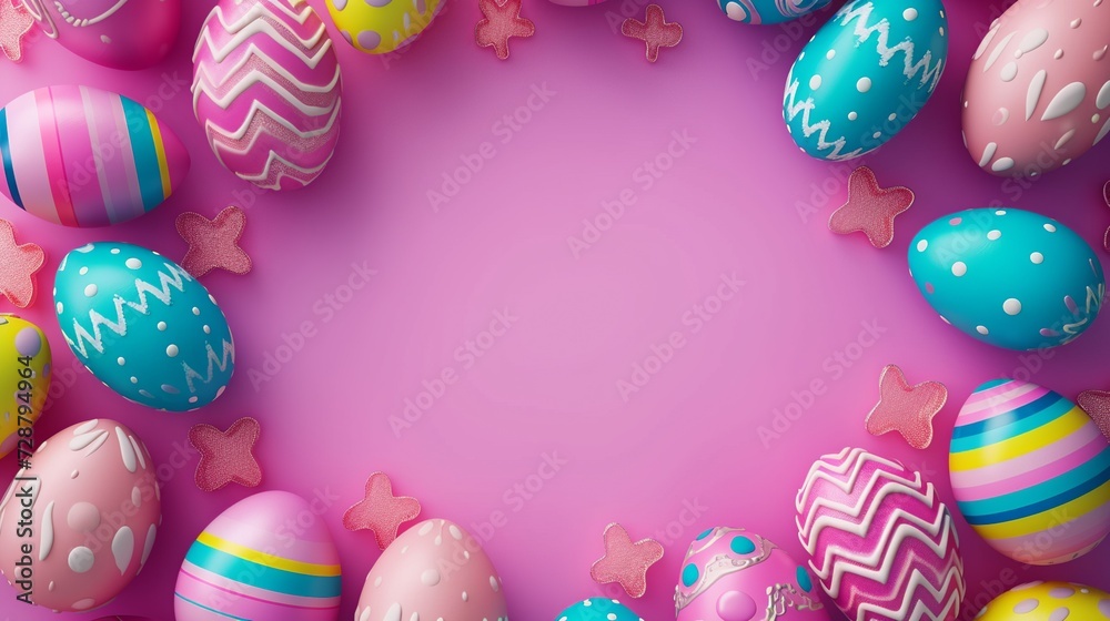 Colorful Easter Egg Border on Vibrant Pink Background