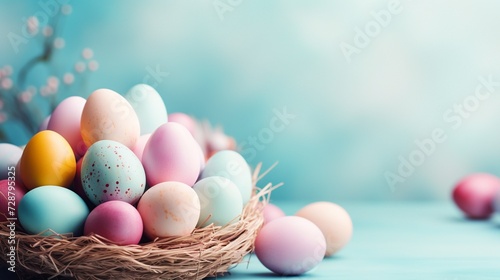Easter Pastel Palette: Multicolored Eggs in Straw Nest on Sky-Blue Background
